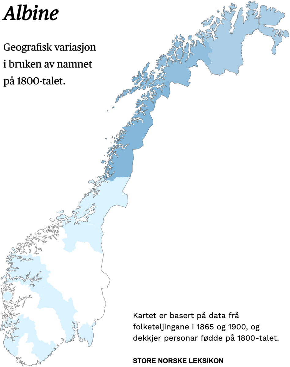 Geografisk variasjon i bruk av namnet Albine på 1800-talet.