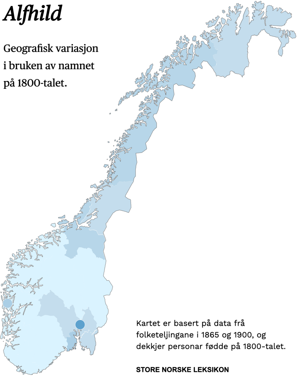 Geografisk variasjon i bruk av namnet Alfhild på 1800-talet.