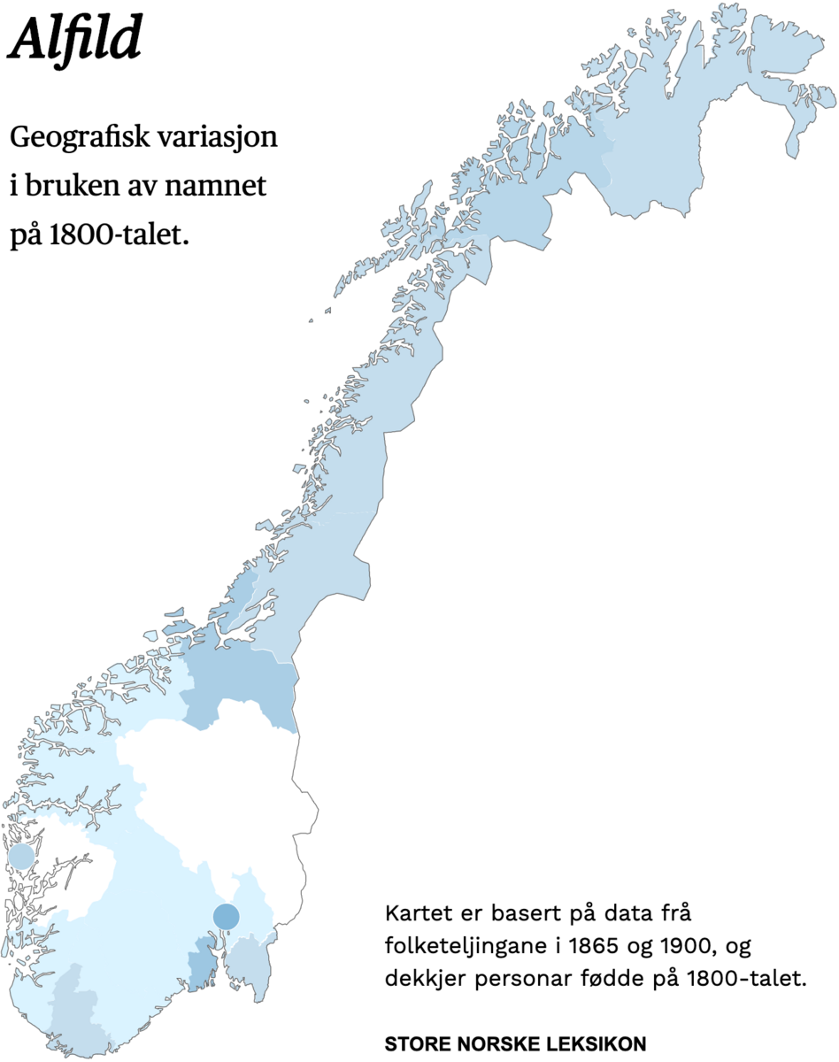 Geografisk variasjon i bruk av namnet Alfild på 1800-talet.