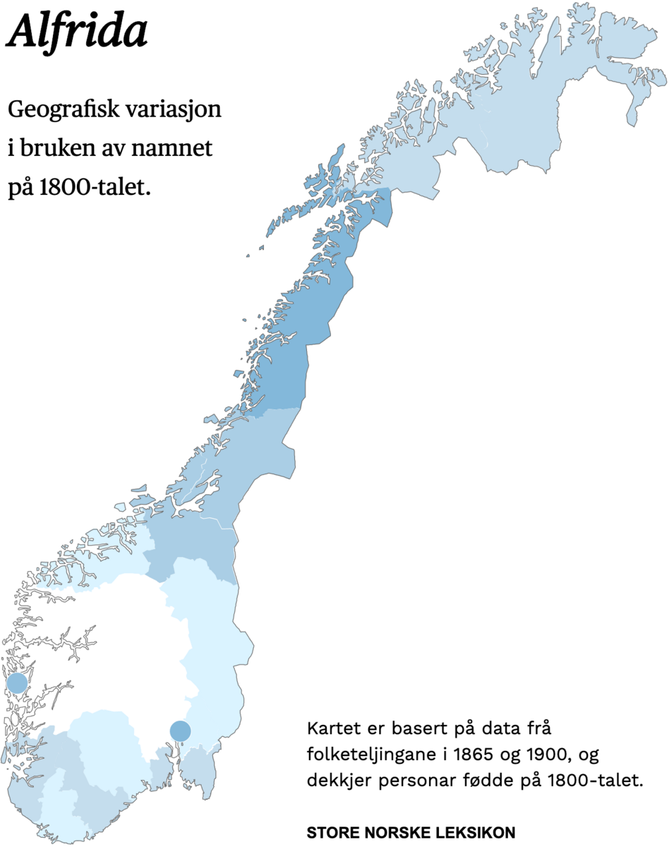 Geografisk variasjon i bruk av namnet Alfrida på 1800-talet.