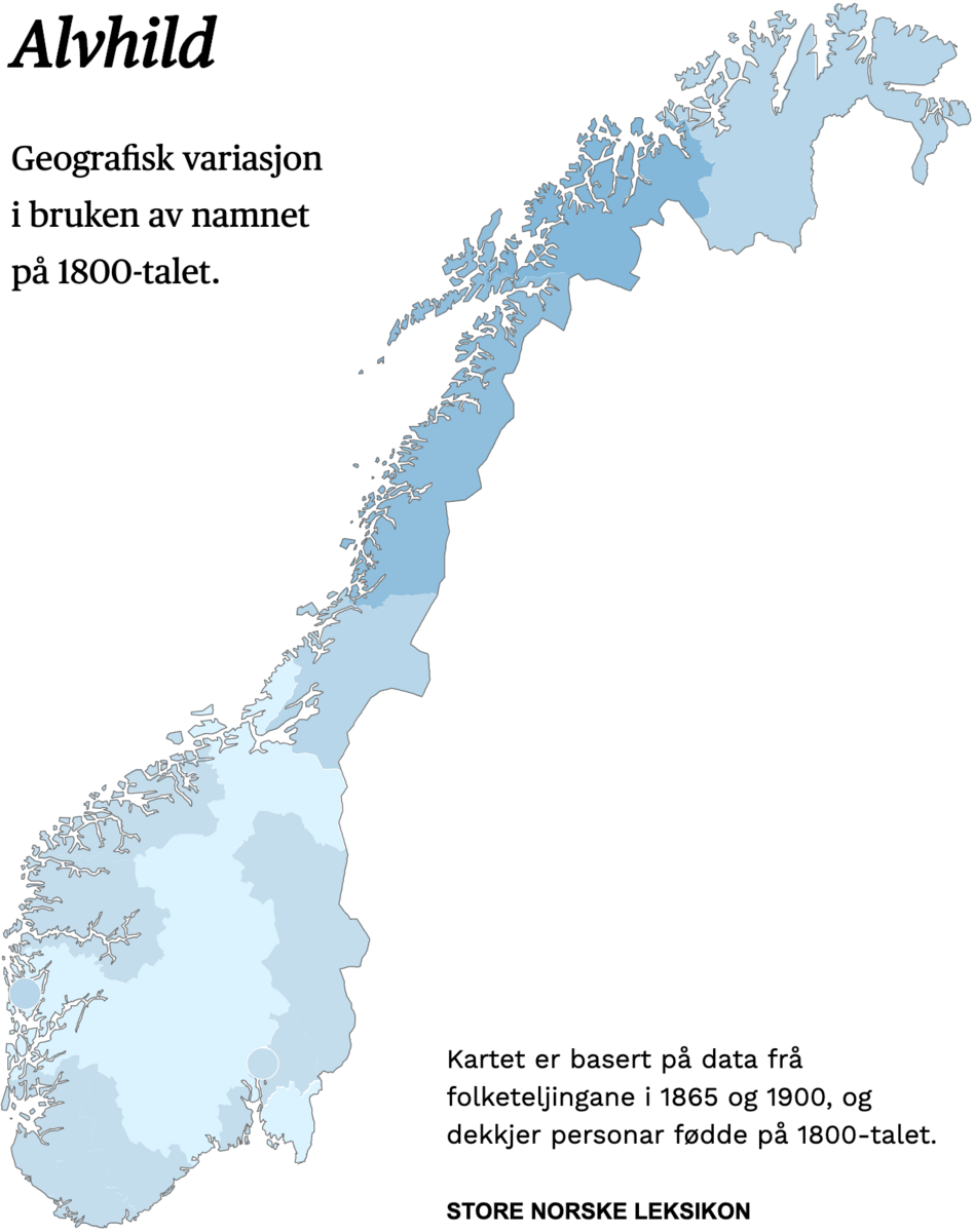 Geografisk variasjon i bruk av namnet Alvhild på 1800-talet.