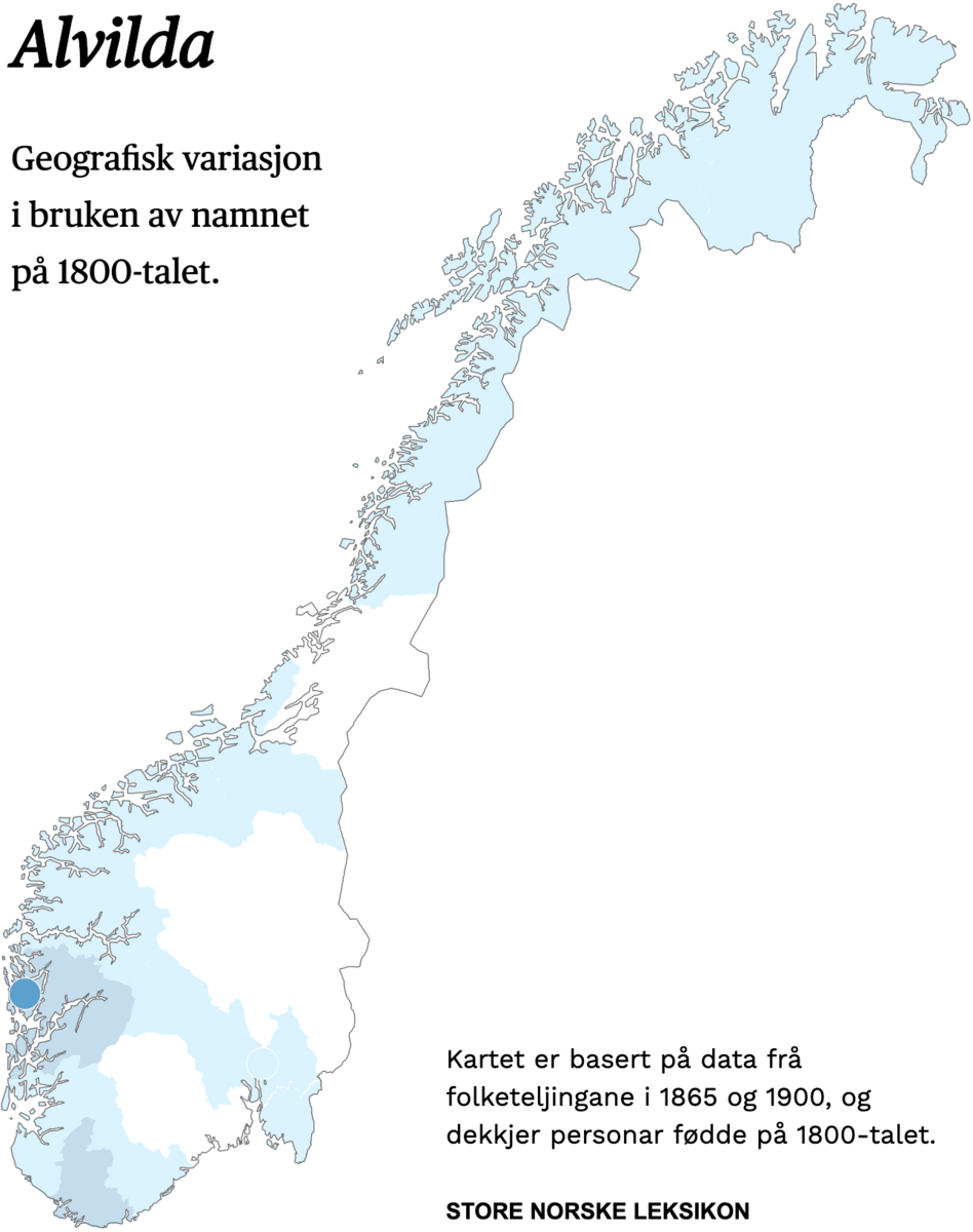 Geografisk variasjon i bruk av namnet Alvilda på 1800-talet.