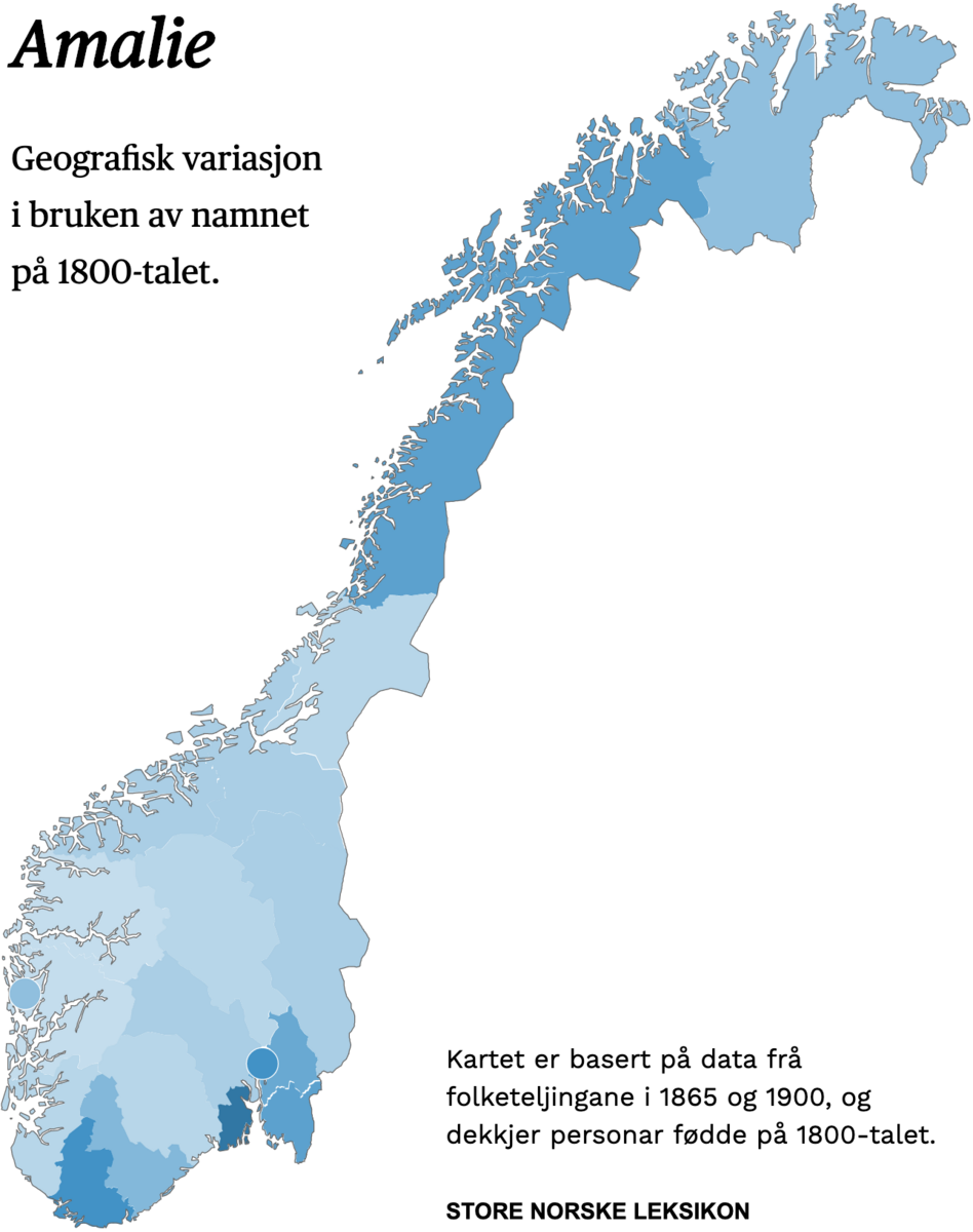 Geografisk variasjon i bruk av namnet Amalie på 1800-talet.