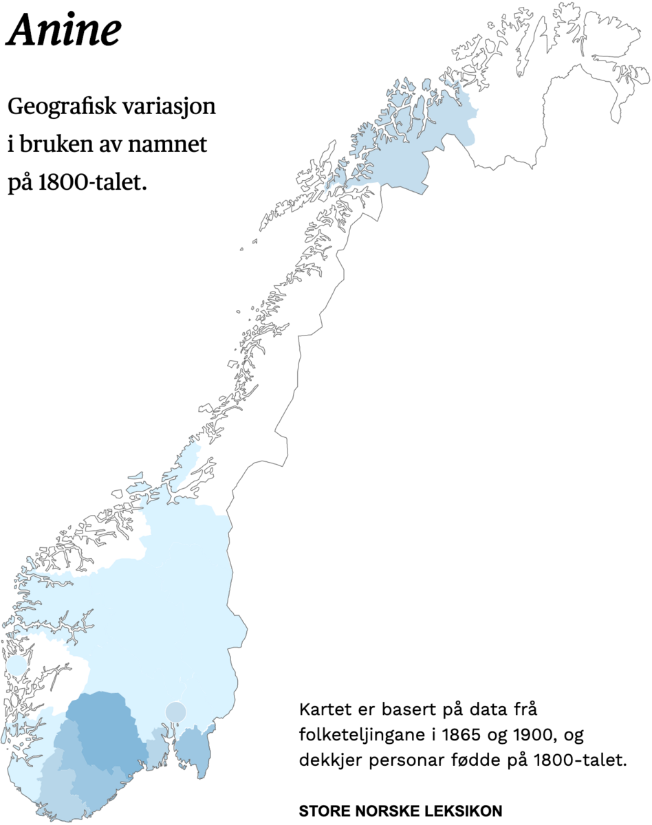 Geografisk variasjon i bruk av namnet Anine på 1800-talet.