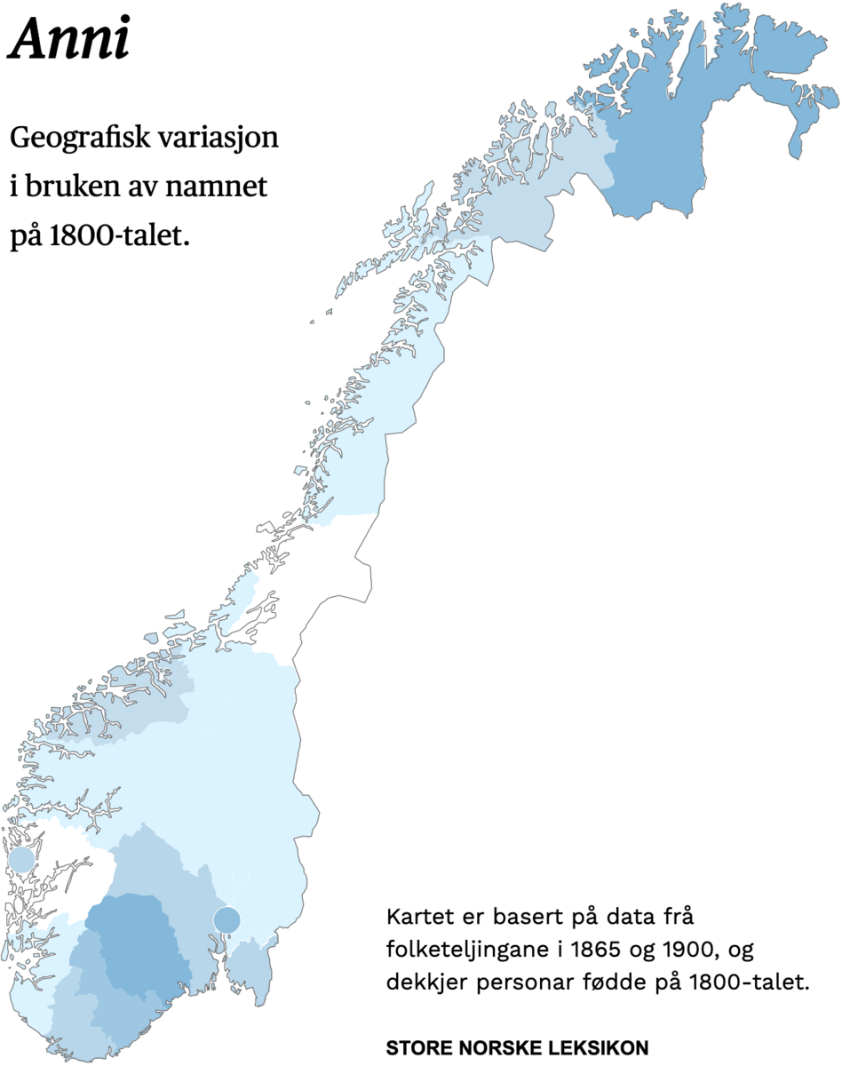 Geografisk variasjon i bruk av namnet Anni på 1800-talet.