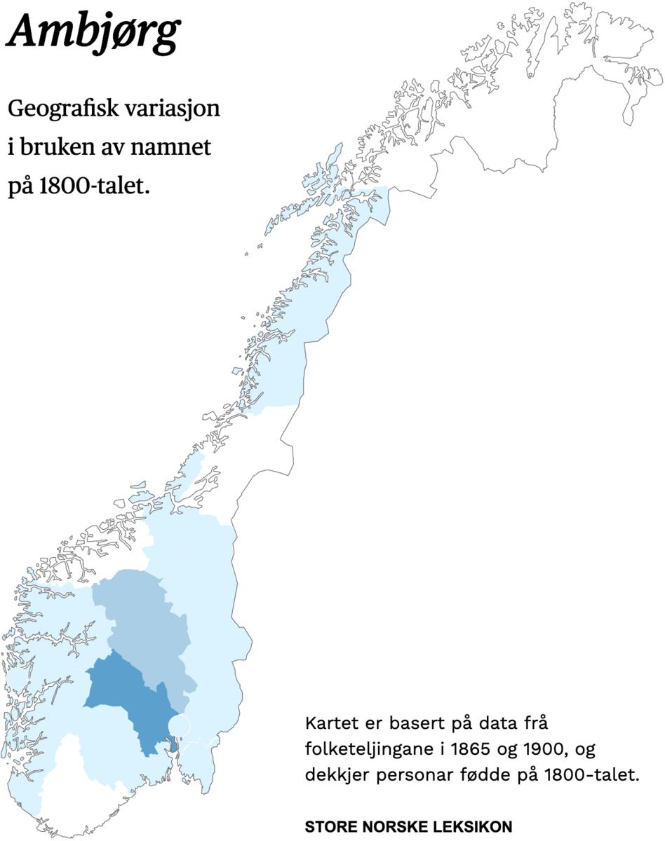 Geografisk variasjon i bruk av namnet Ambjørg på 1800-talet.