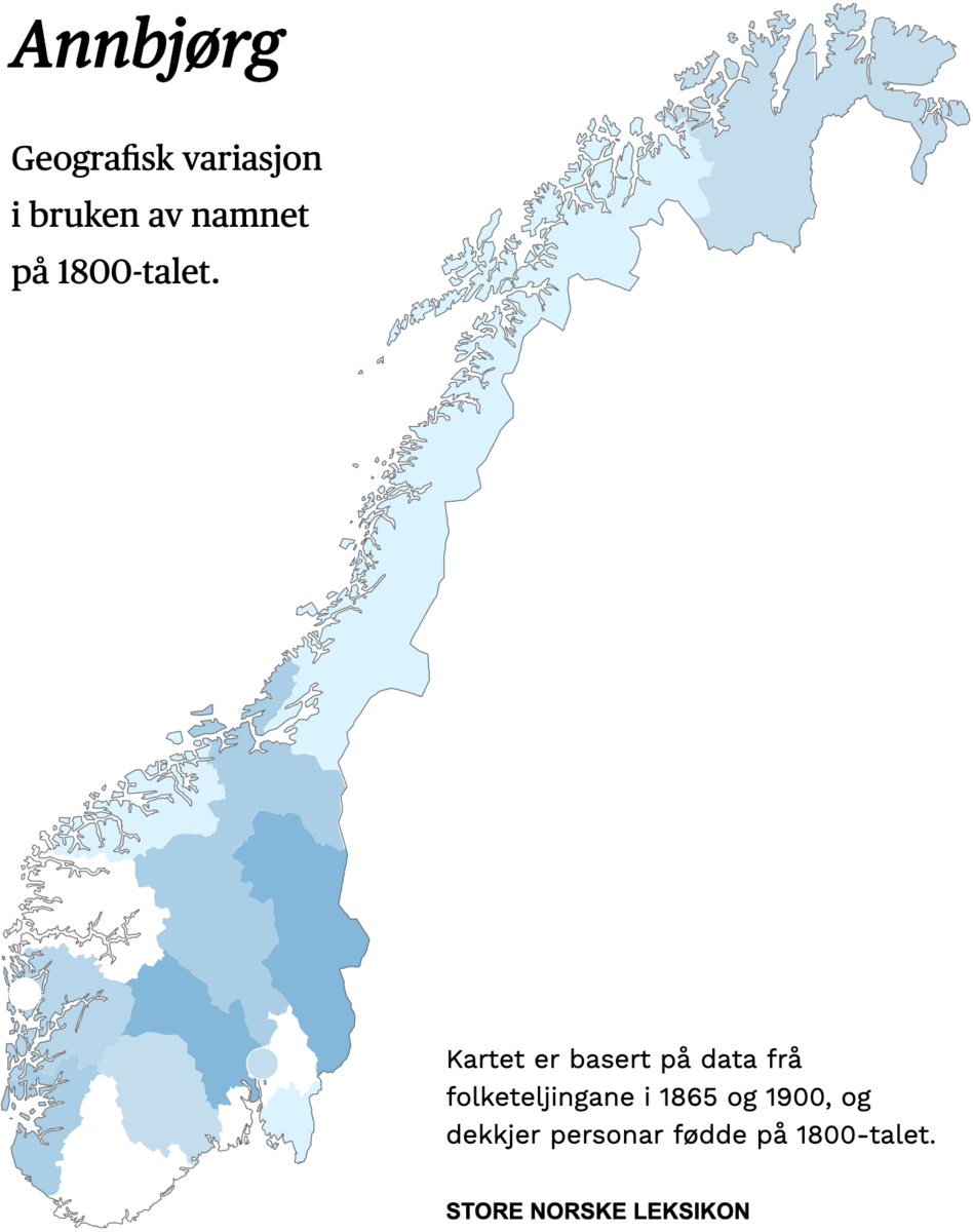 Geografisk variasjon i bruk av namnet Annbjørg på 1800-talet.