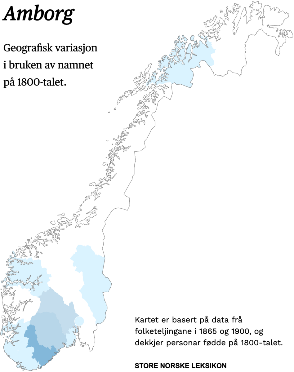 Geografisk variasjon i bruk av namnet Amborg på 1800-talet.