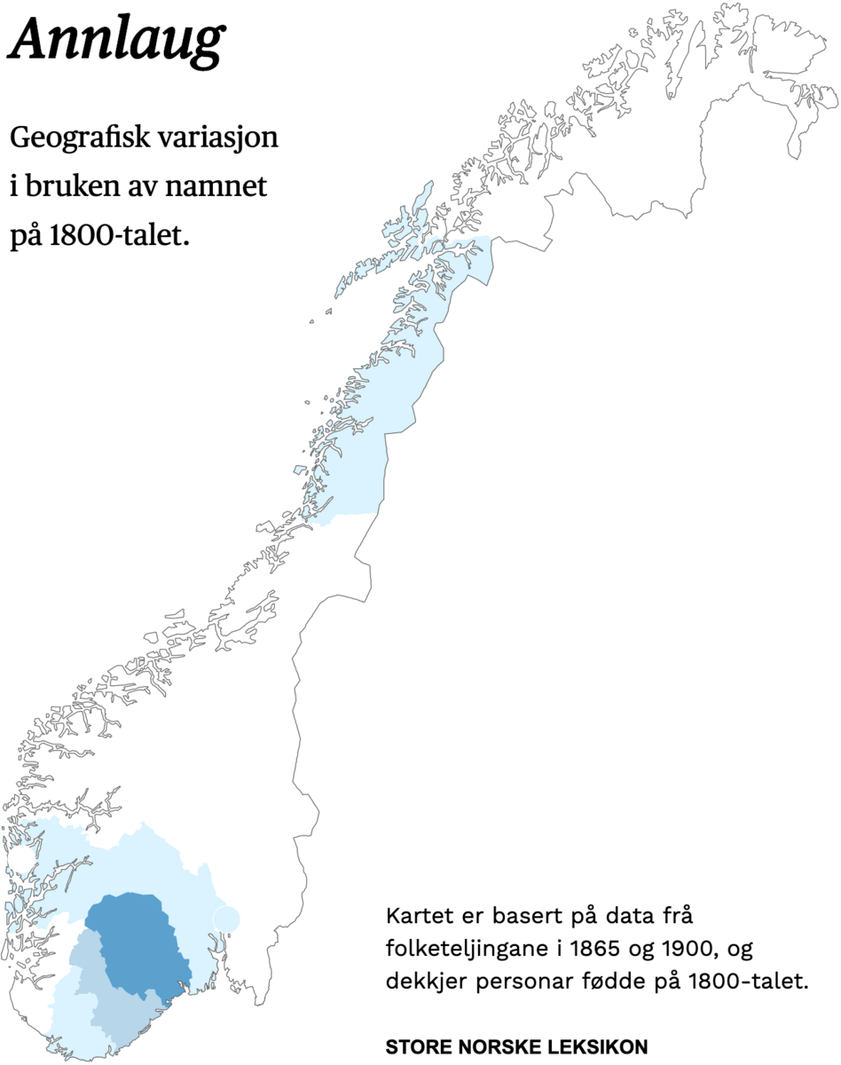 Geografisk variasjon i bruk av namnet Annlaug på 1800-talet.