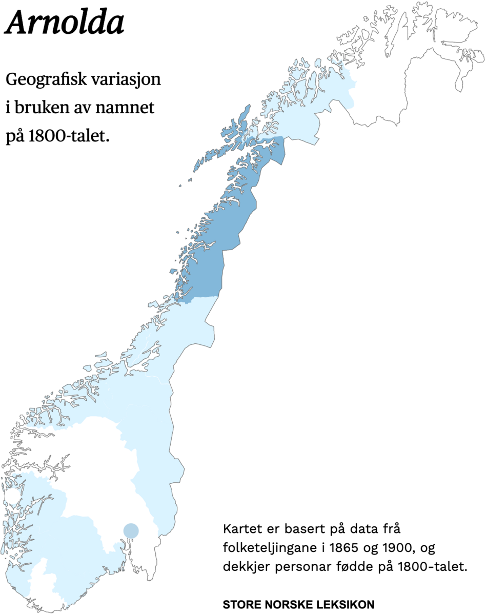 Geografisk variasjon i bruk av namnet Arnolda på 1800-talet.