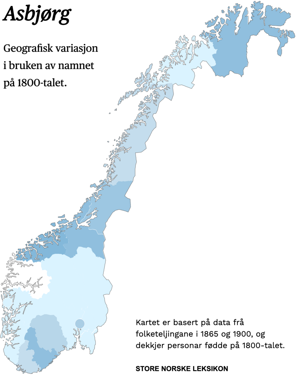 Geografisk variasjon i bruk av namnet Asbjørg på 1800-talet.