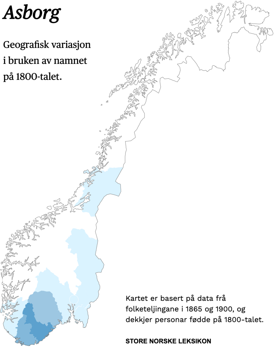 Geografisk variasjon i bruk av namnet Asborg på 1800-talet.