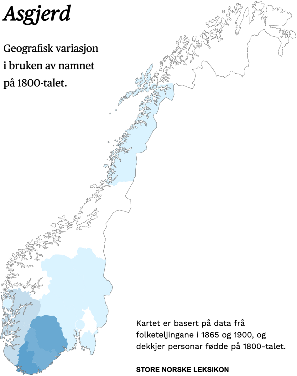 Geografisk variasjon i bruk av namnet Asgjerd på 1800-talet.