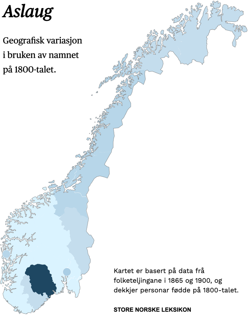 Geografisk variasjon i bruk av namnet Aslaug på 1800-talet.