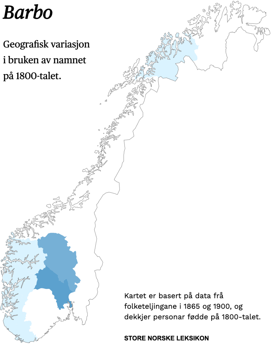 Geografisk variasjon i bruk av namnet Barbo på 1800-talet.