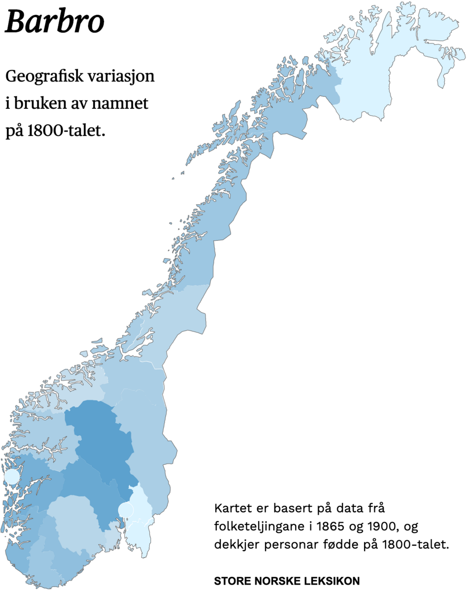Geografisk variasjon i bruk av namnet Barbro på 1800-talet.