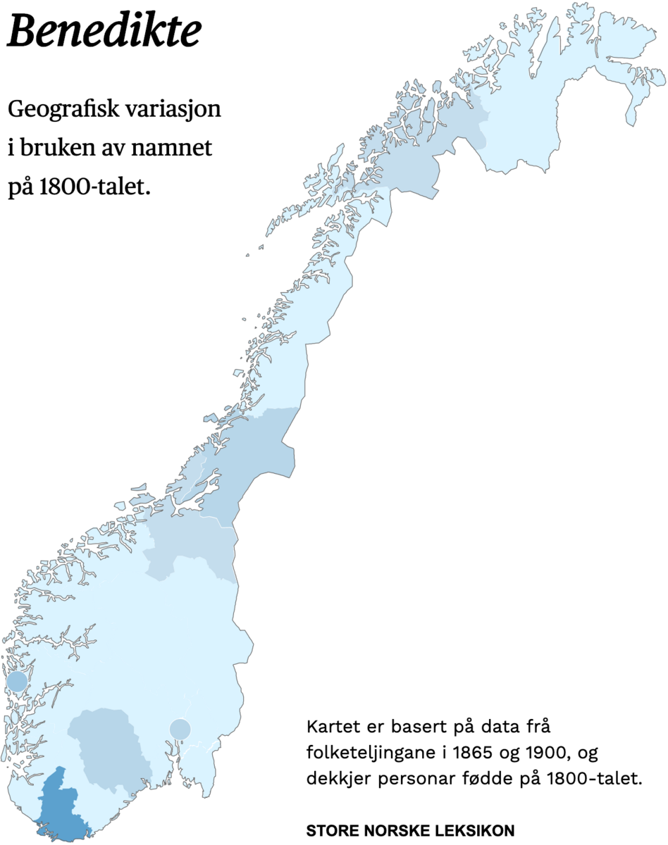 Geografisk variasjon i bruk av namnet Benedikte på 1800-talet.