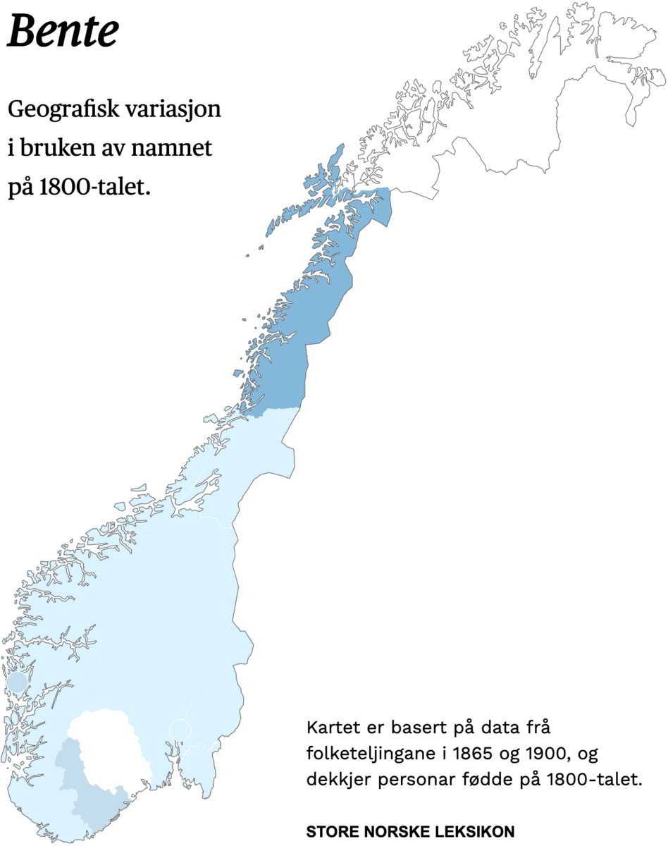 Geografisk variasjon i bruk av namnet Bente på 1800-talet.