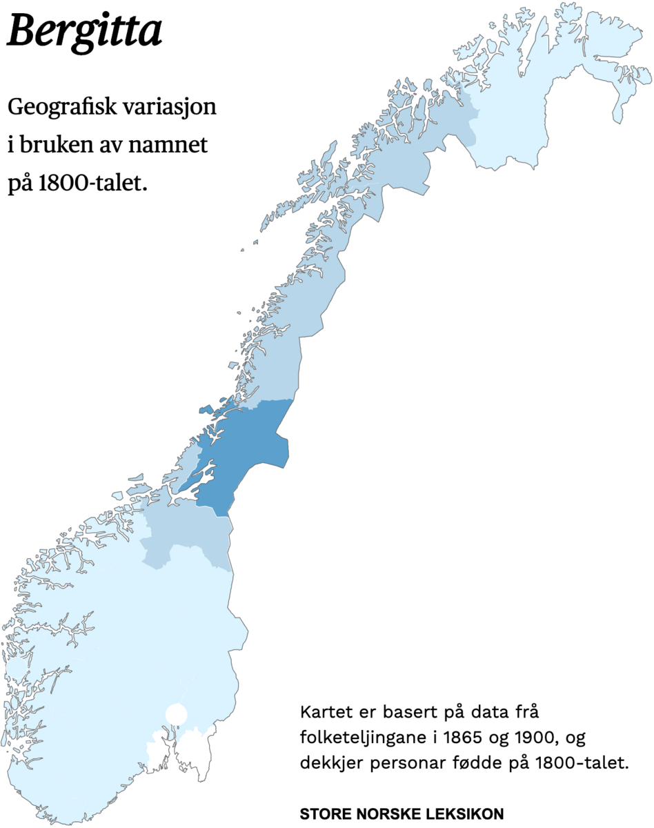 Geografisk variasjon i bruk av namnet Bergitta på 1800-talet.