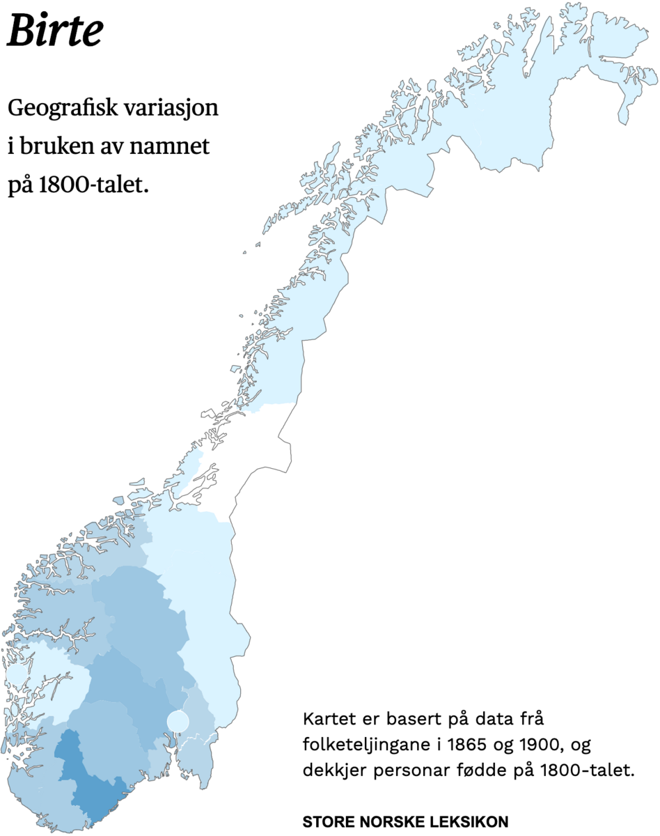 Geografisk variasjon i bruk av namnet Birte på 1800-talet.