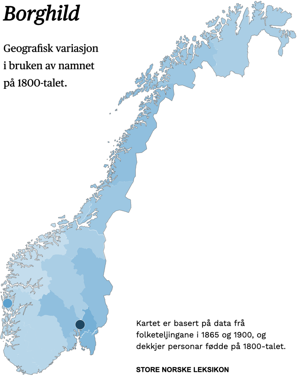 Geografisk variasjon i bruk av namnet Borghild på 1800-talet.