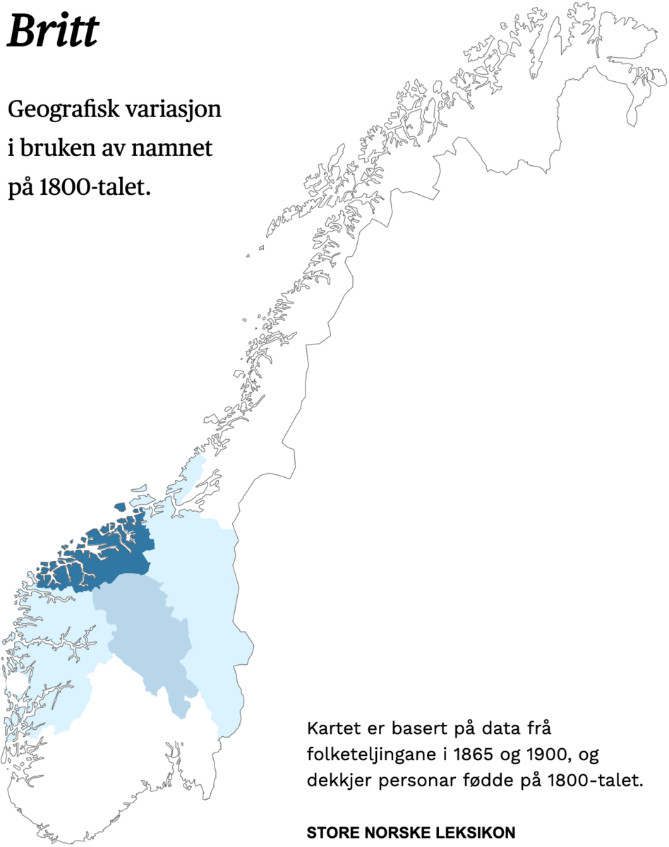Geografisk variasjon i bruk av namnet Britt på 1800-talet.