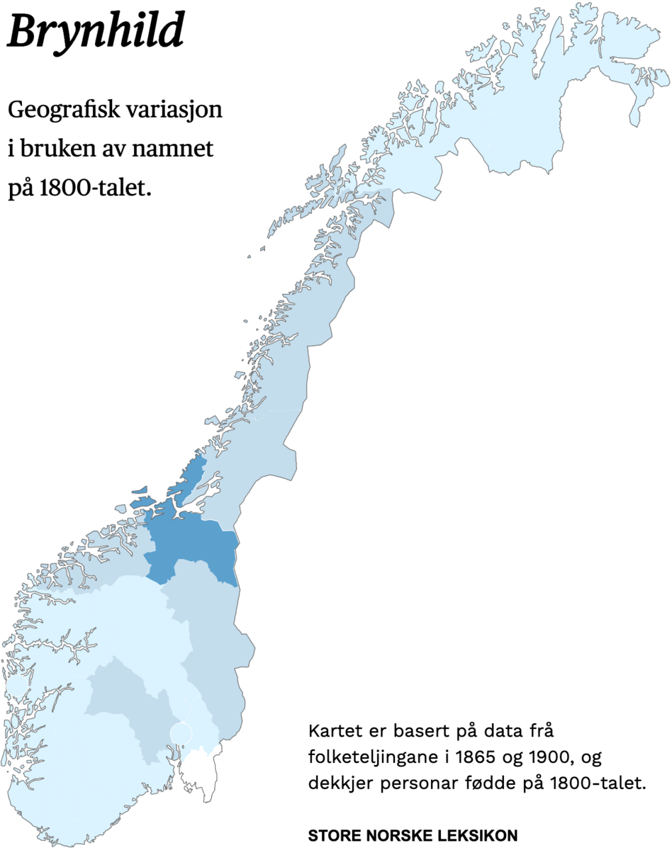 Geografisk variasjon i bruk av namnet Brynhild på 1800-talet.