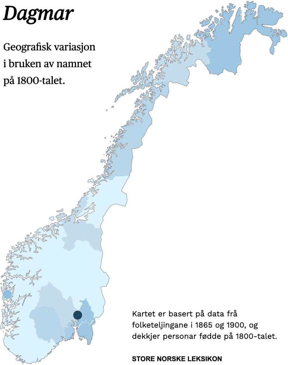 Geografisk variasjon i bruk av namnet Dagmar på 1800-talet.