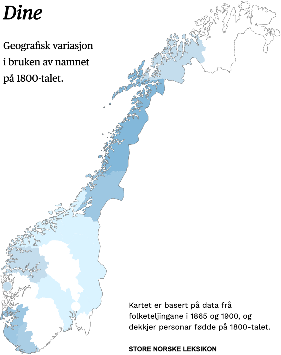 Geografisk variasjon i bruk av namnet Dine på 1800-talet.
