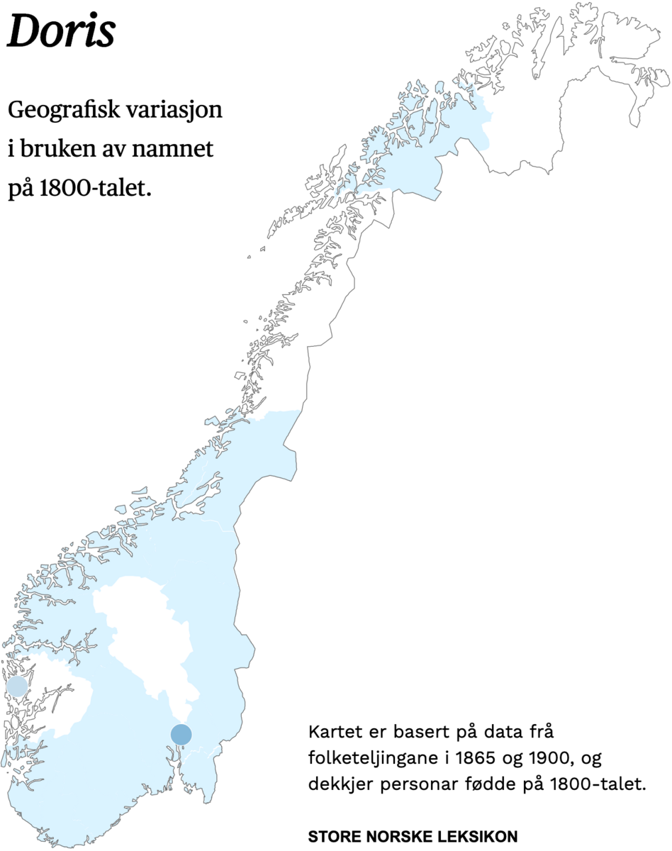 Geografisk variasjon i bruk av namnet Doris på 1800-talet.