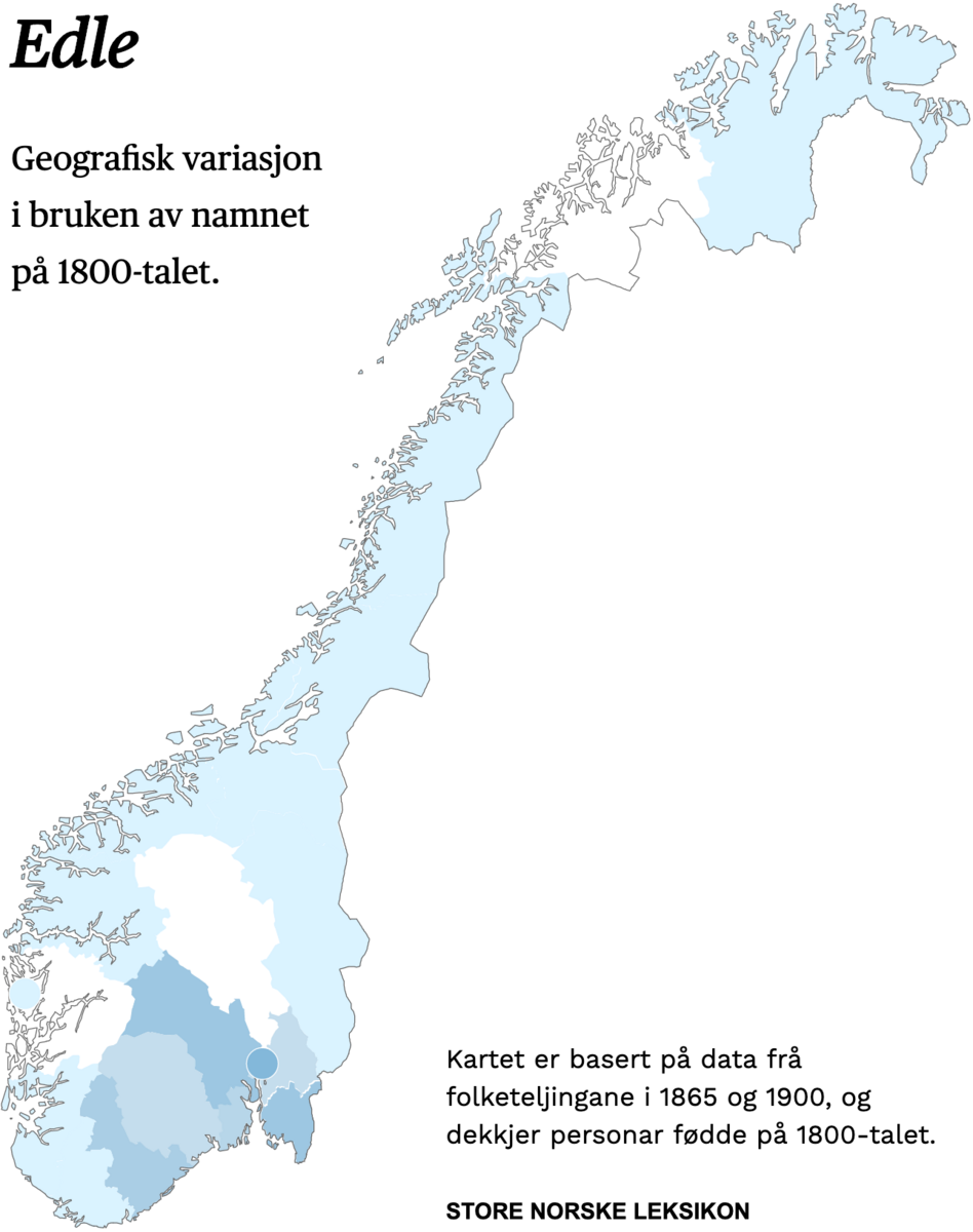Geografisk variasjon i bruk av namnet Edle på 1800-talet.