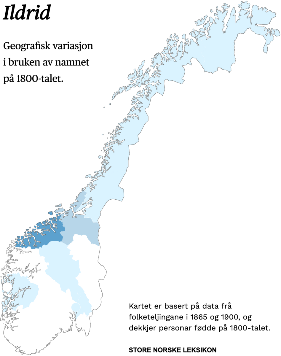 Geografisk variasjon i bruk av namnet Ildrid på 1800-talet.