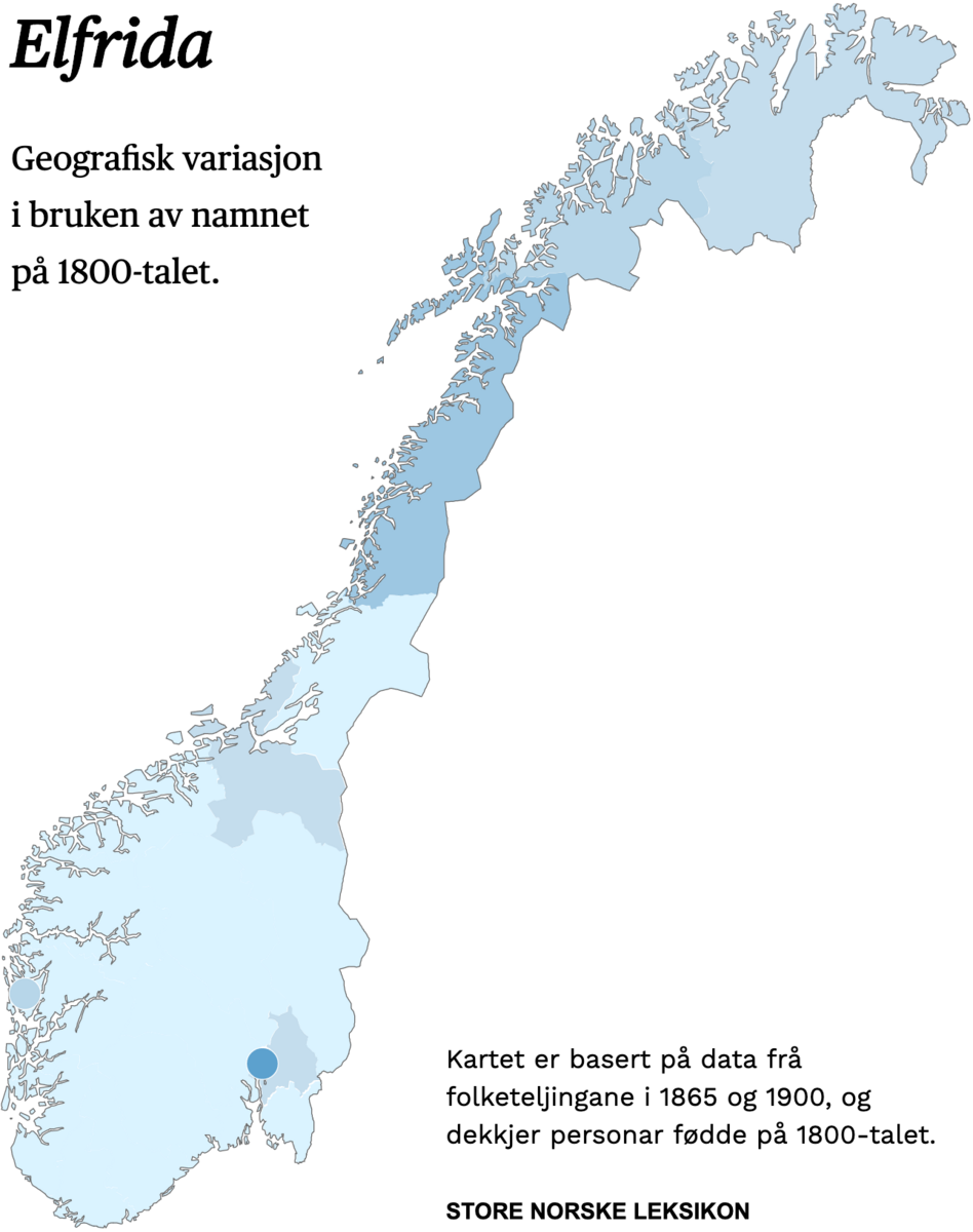 Geografisk variasjon i bruk av namnet Elfrida på 1800-talet.