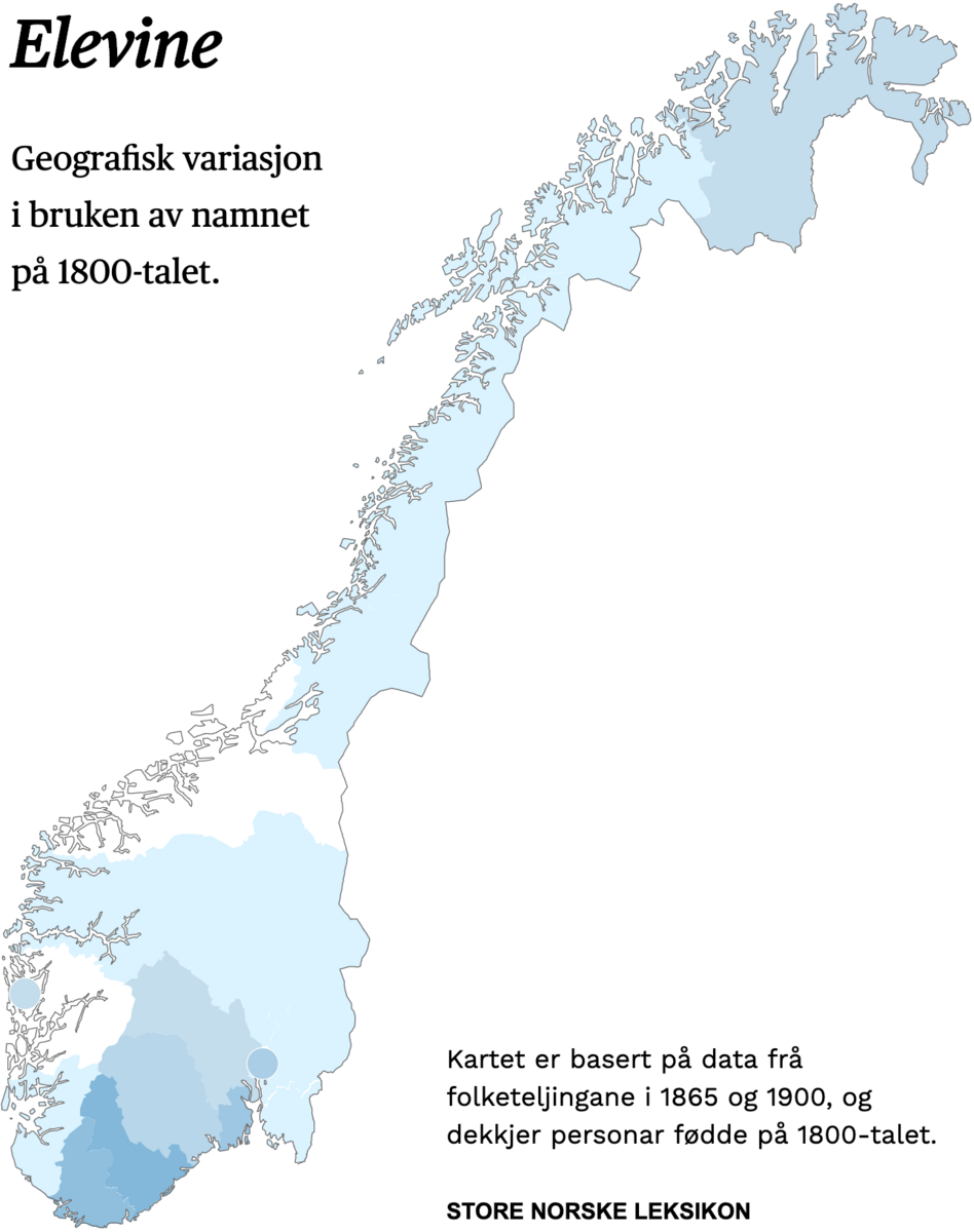 Geografisk variasjon i bruk av namnet Elevine på 1800-talet.