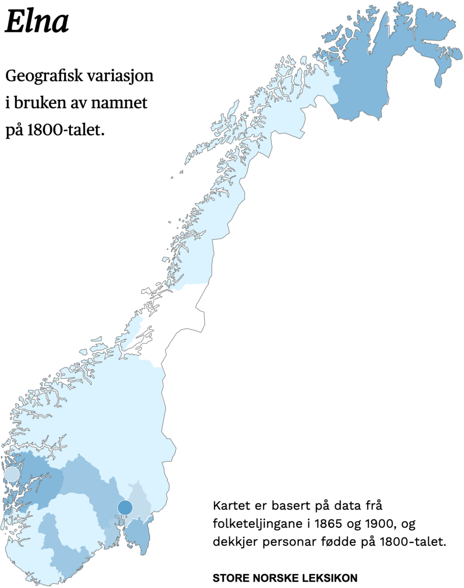 Geografisk variasjon i bruk av namnet Elna på 1800-talet.