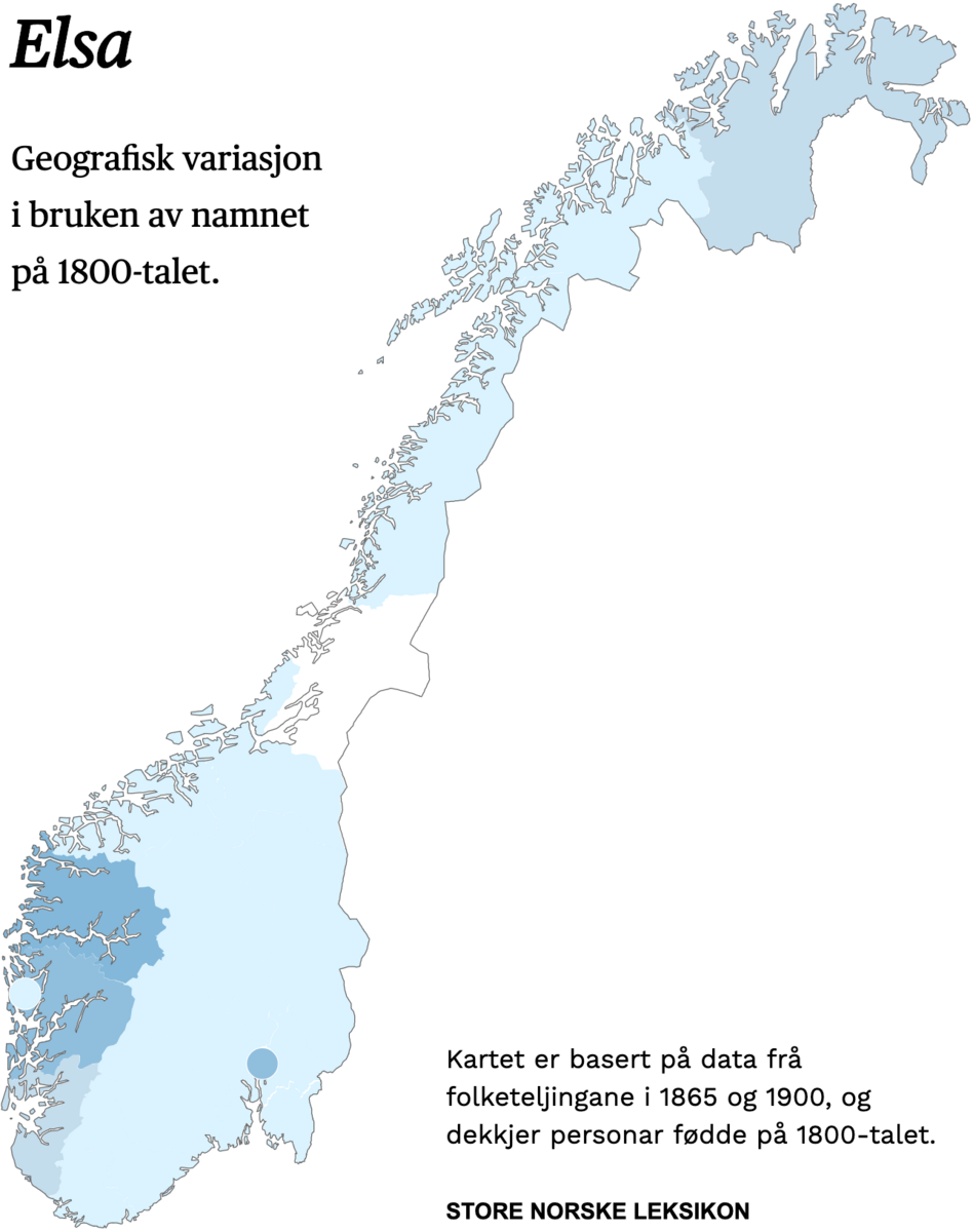 Geografisk variasjon i bruk av namnet Elsa på 1800-talet.
