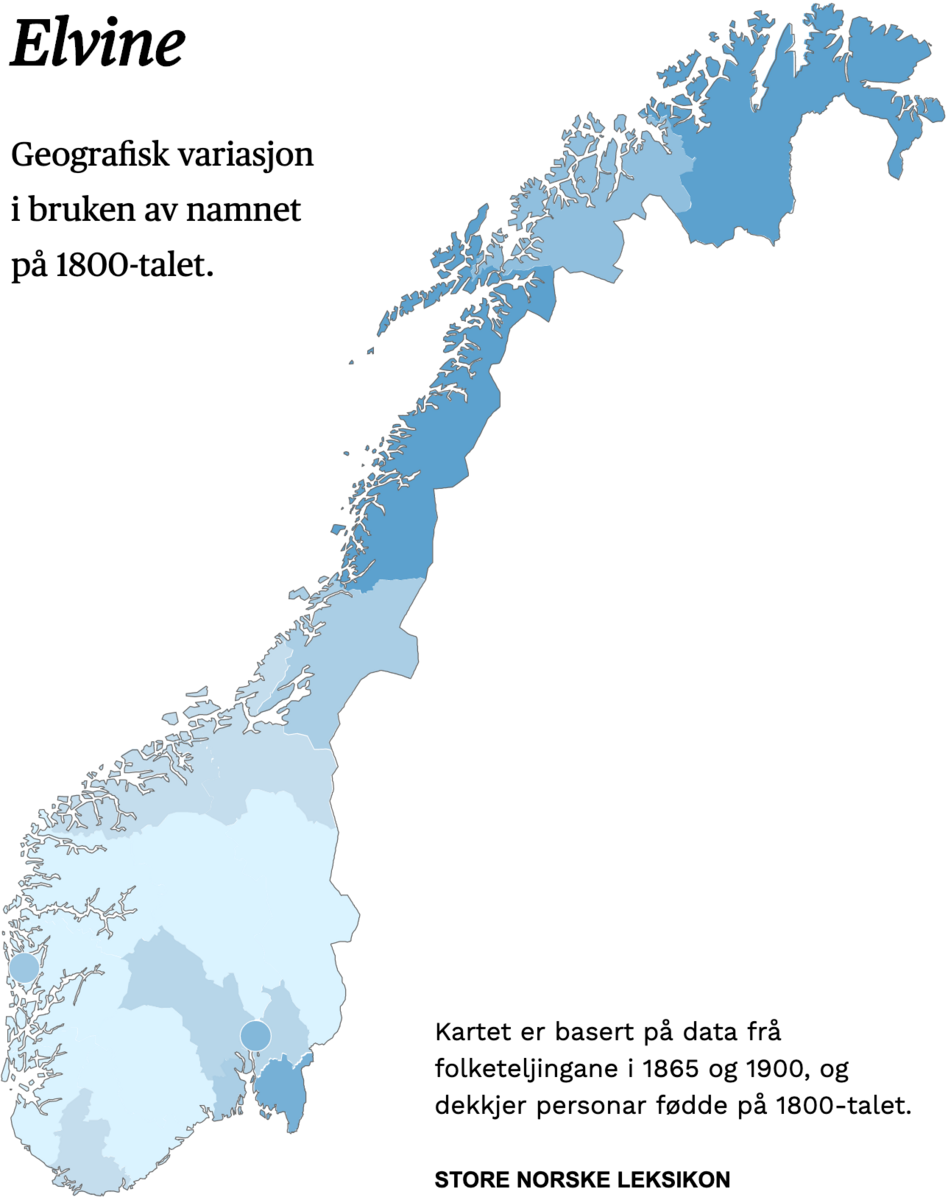 Geografisk variasjon i bruk av namnet Elvine på 1800-talet.