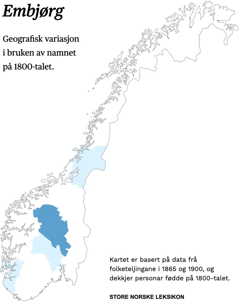 Geografisk variasjon i bruk av namnet Embjørg på 1800-talet.