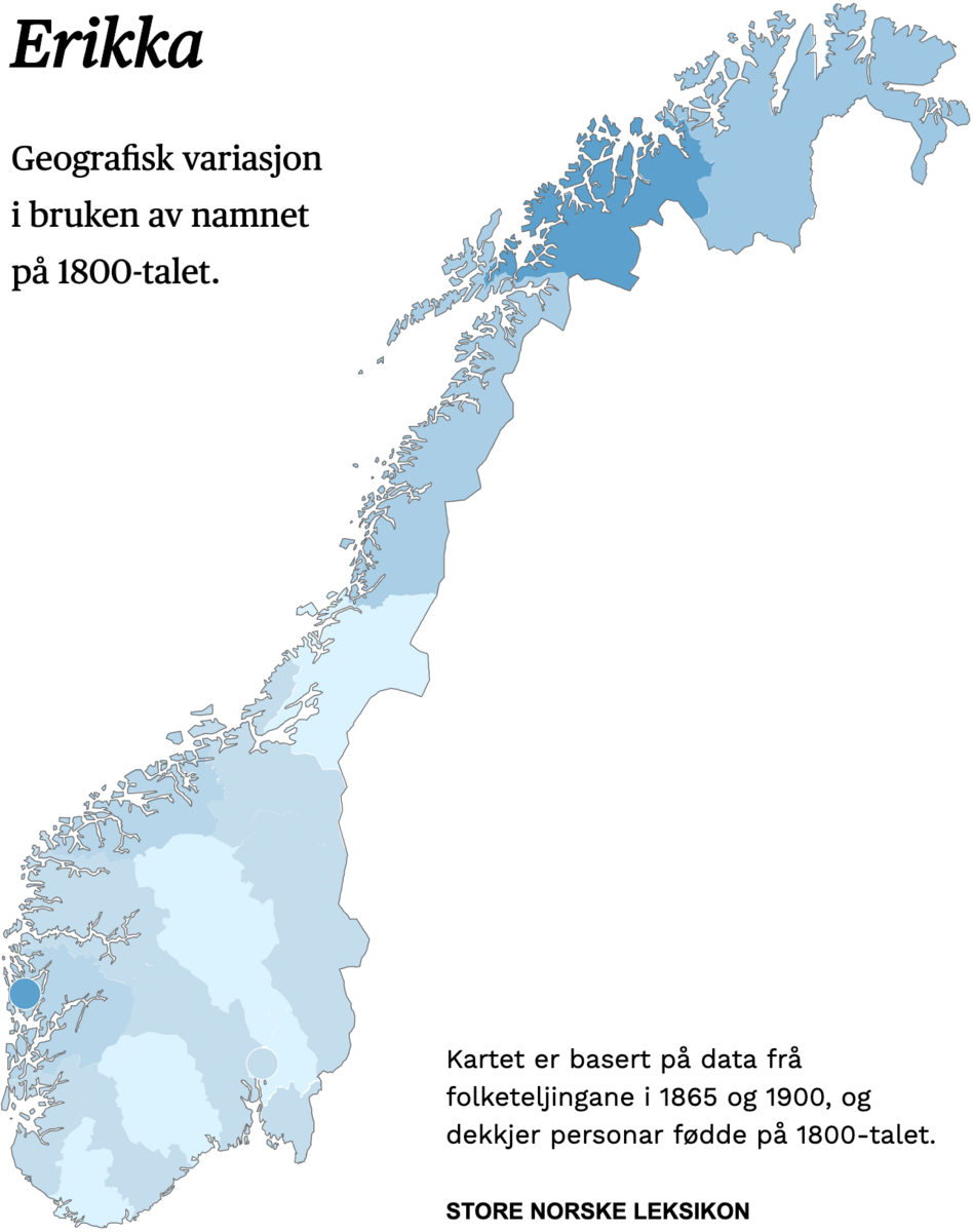 Geografisk variasjon i bruk av namnet Erikka på 1800-talet.