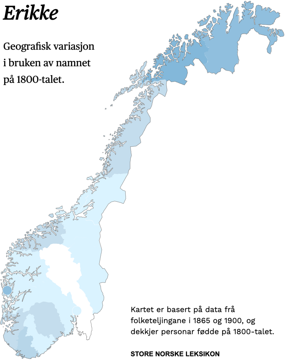 Geografisk variasjon i bruk av namnet Erikke på 1800-talet.