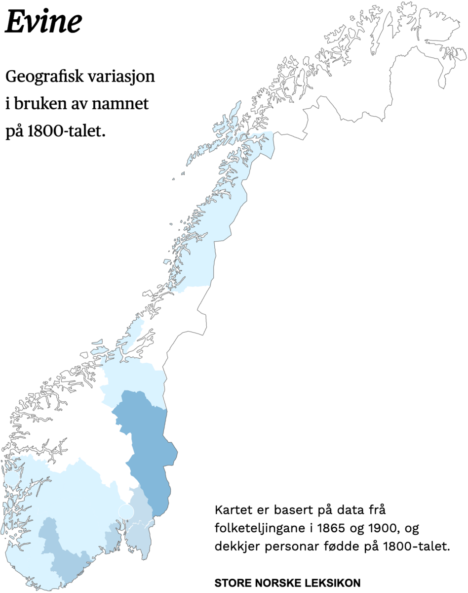 Geografisk variasjon i bruk av namnet Evine på 1800-talet.