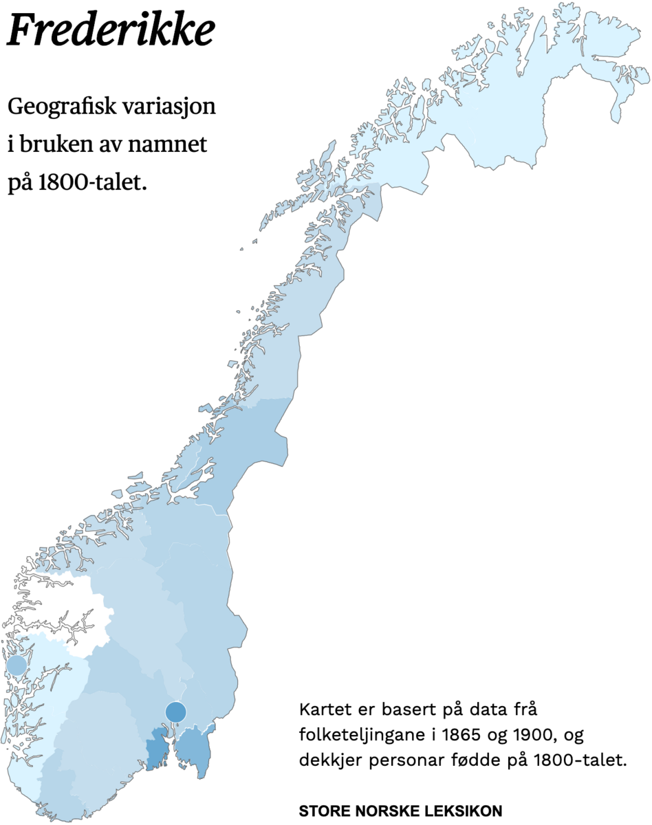 Geografisk variasjon i bruk av namnet Frederikke på 1800-talet.