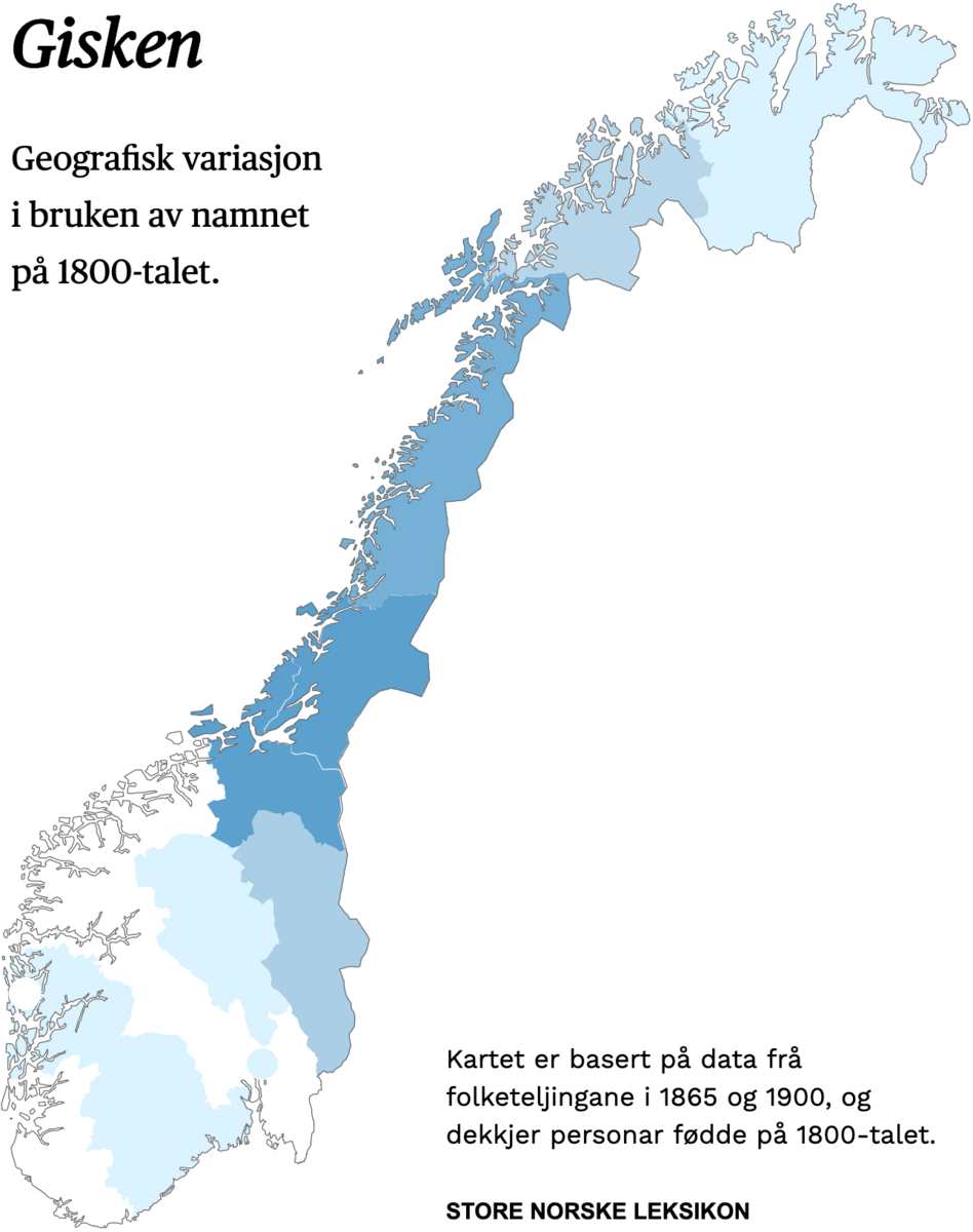 Geografisk variasjon i bruk av namnet Gisken på 1800-talet.