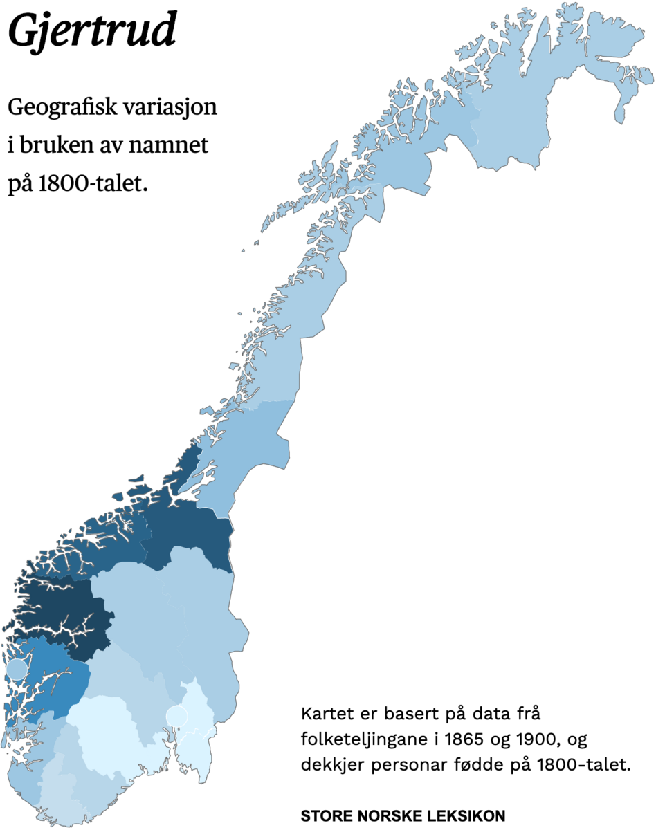Geografisk variasjon i bruk av namnet Gjertrud på 1800-talet.