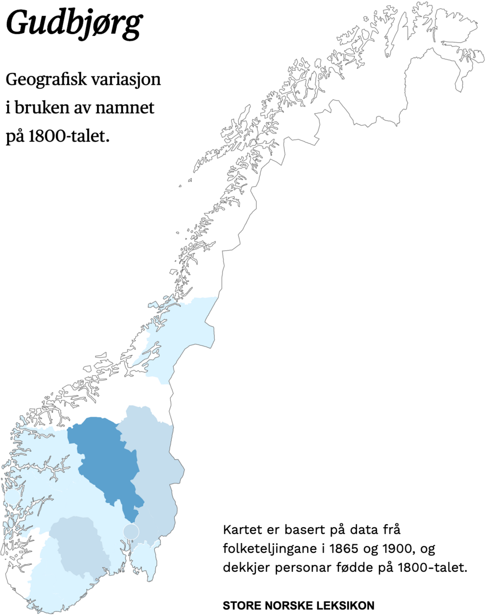 Geografisk variasjon i bruk av namnet Gudbjørg på 1800-talet.