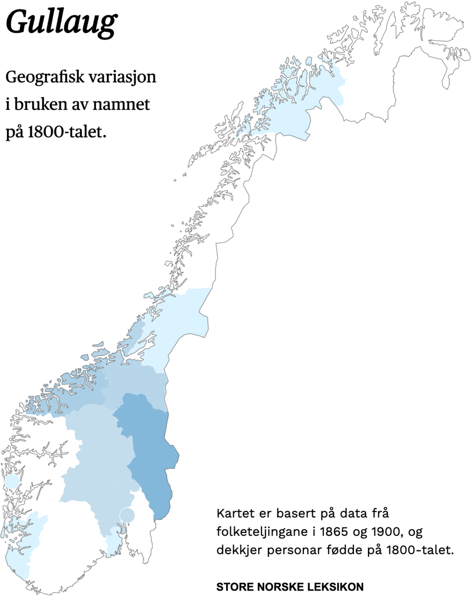 Geografisk variasjon i bruk av namnet Gullaug på 1800-talet.