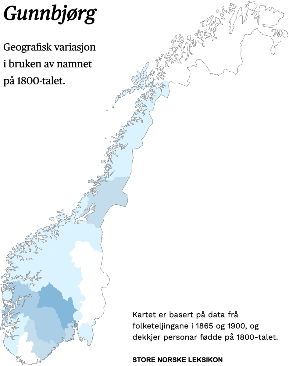 Geografisk variasjon i bruk av namnet Gunnbjørg på 1800-talet.