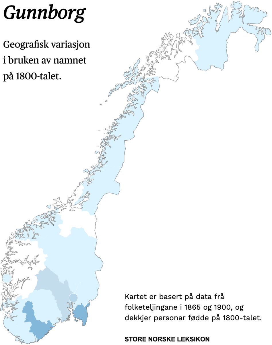 Geografisk variasjon i bruk av namnet Gunnborg på 1800-talet.