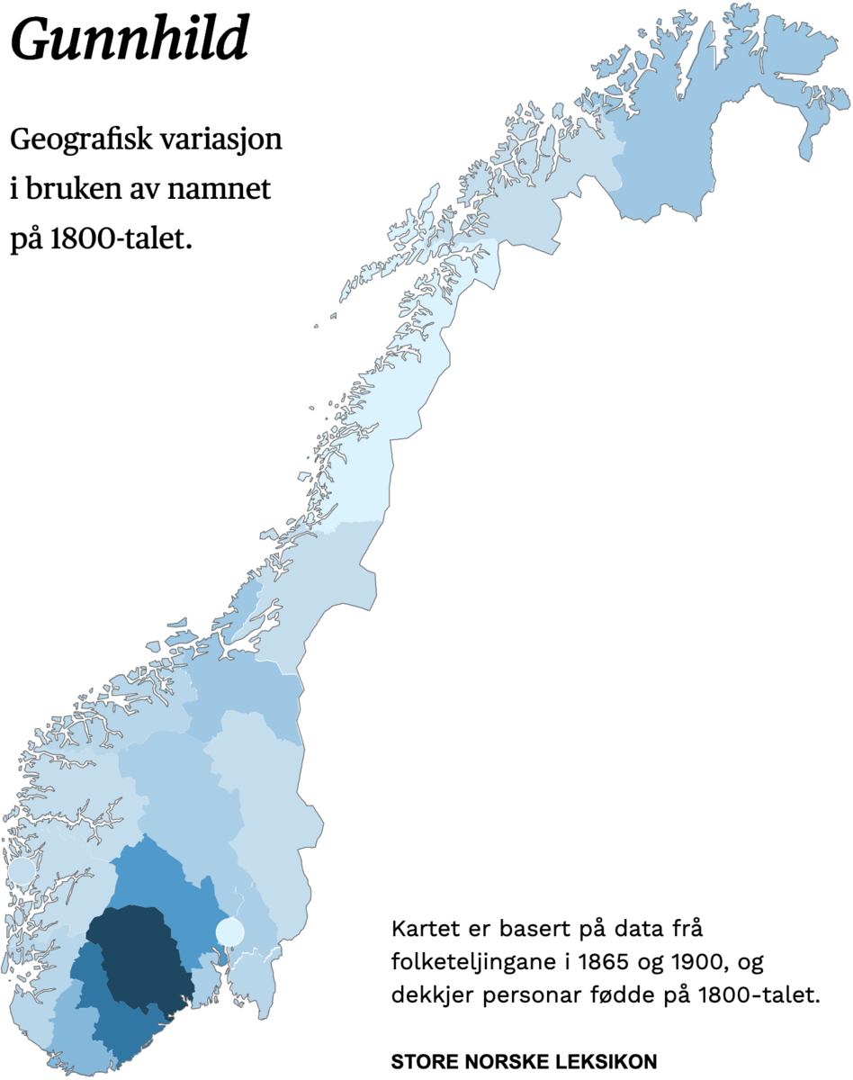 Geografisk variasjon i bruk av namnet Gunnhild på 1800-talet.