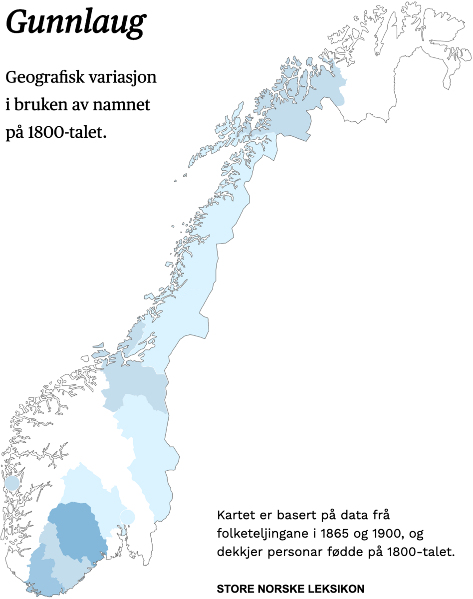 Geografisk variasjon i bruk av namnet Gunnlaug på 1800-talet.